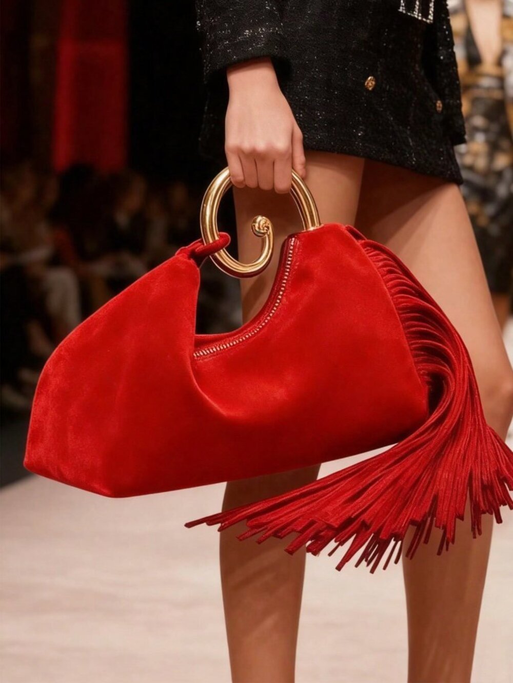 Red Glamorous Women's Velvet Tassel Zipper Double Handle Bag